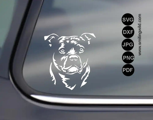 Staffordshire Bull Terrier png and dxf vector cut file white dog graphic clip art visualized as a white vinyl window decal on a dark car widow