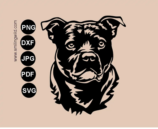 Staffordshire bull terrier svg and png vector clipart frontal face drawing made as a single piece vector cutting file
