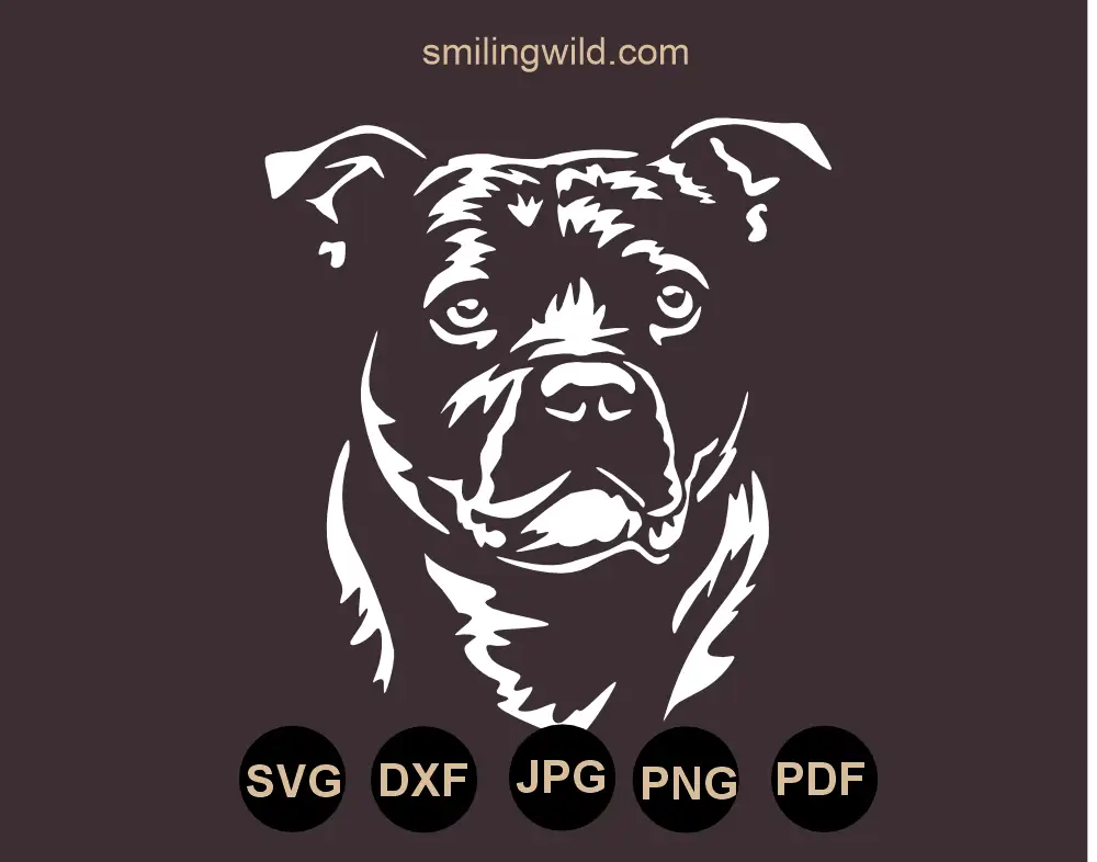 A stylized white dog face of a Staffordshire bull terrier white svg png and dxf vector graphic drawing presenting dog cut file for stencils, air brush, engraving
