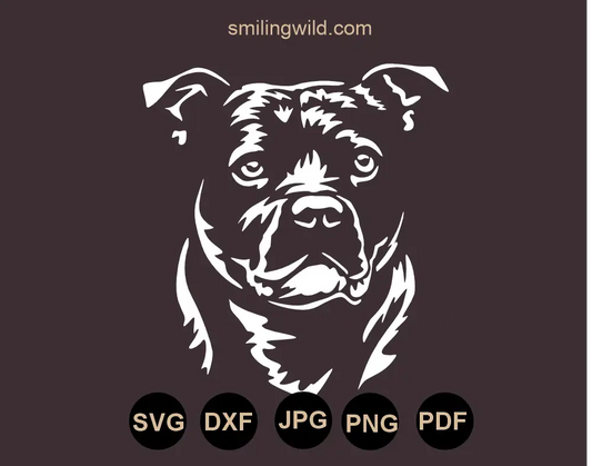 A stylized white dog face of a Staffordshire bull terrier white svg png and dxf vector graphic drawing presenting dog cut file for stencils, air brush, engraving