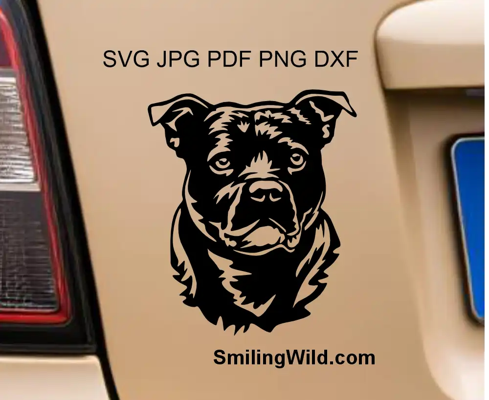 Close-up of the Staffy visualized svg and dxf vinyl decal design showing a single piece vector drawing prepared for both - vinyl or CNC plasma cutting