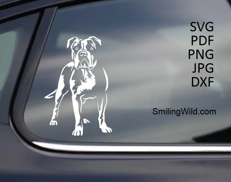a car decal showcasing a Standing in full body American Bulldog white vector clipart design in PNG,  DXF formats for cuttable laser engraving crafts