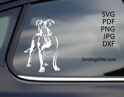 a car decal showcasing a Standing in full body American Bulldog white vector clipart design in PNG,  DXF formats for cuttable laser engraving crafts