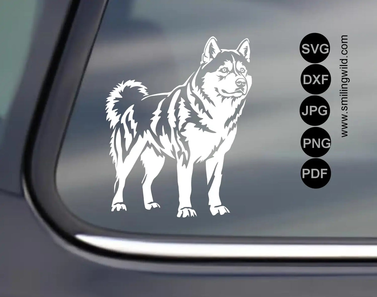 A car decal of a standing alert husky visualisation to present a dog white svg and png cut file for cutting vinyl stickers and decals