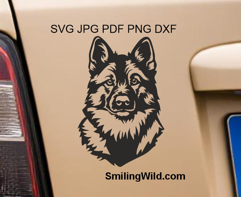 Swedish Elkhound SVG vector clipart ismade as a cutting and laser file and on this preview image displayed on a car as a sticker