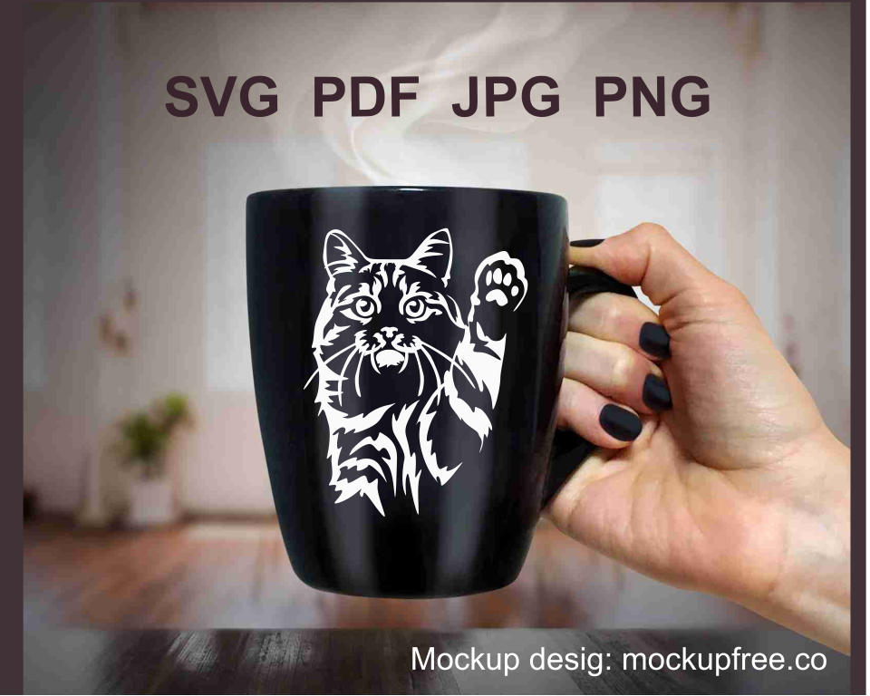 white cat design on a black mug