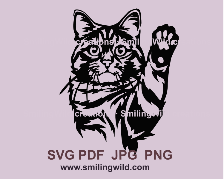 Tabby cat graphic portrait with raised paw. Cat is peeking