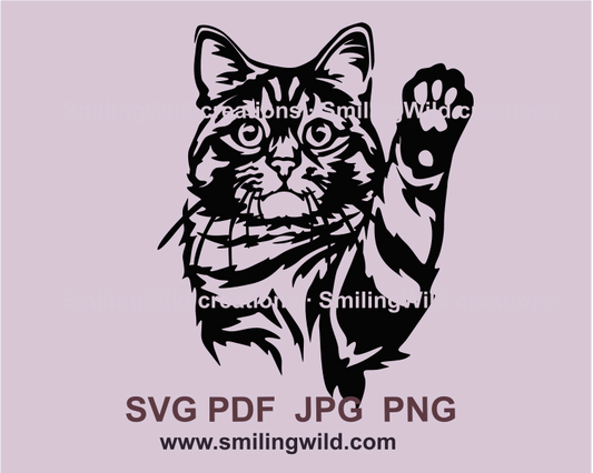 Tabby cat graphic portrait with raised paw. Cat is peeking