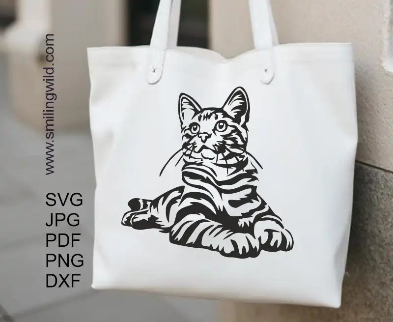 Tabby cat SVG PNG DXF black Vector graphic for cutting file preview, confirming PNG and DXF formats are included for all cutting and crafting machines.
