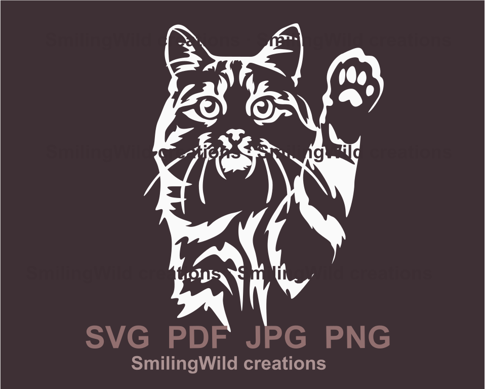 Peeking tabby cat with raised paw white graphic design