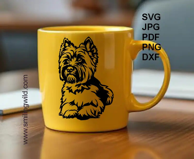 A yellow mug showing a Black line art lying Cairn Terrier design – digital clipart in SVG, DXF, PNG formats for laser cutting or vinyl projects