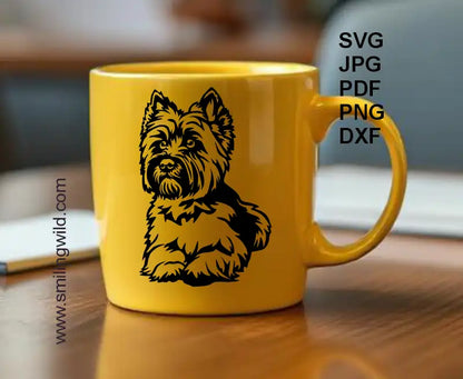 A yellow mug showing a Black line art lying Cairn Terrier design – digital clipart in SVG, DXF, PNG formats for laser cutting or vinyl projects