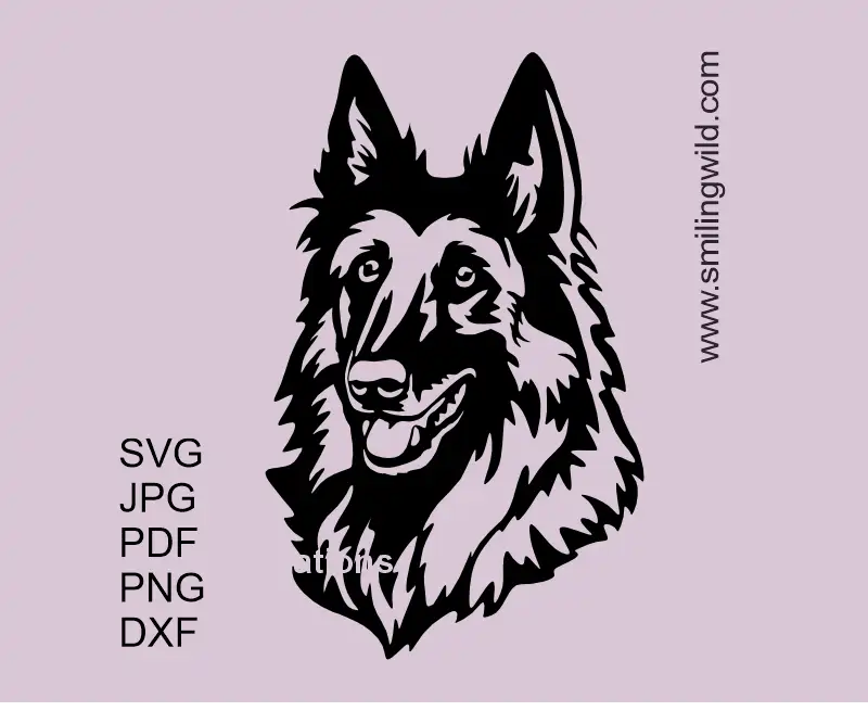 Smiling Tervuren dog face portrait in black drawing presenting a SVG vector clipart file for Cricut and laser, includes PNG and DXF