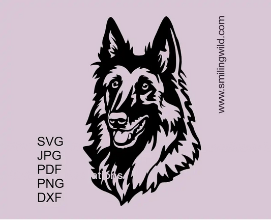 Smiling Tervuren dog face portrait in black drawing presenting a SVG vector clipart file for Cricut and laser, includes PNG and DXF