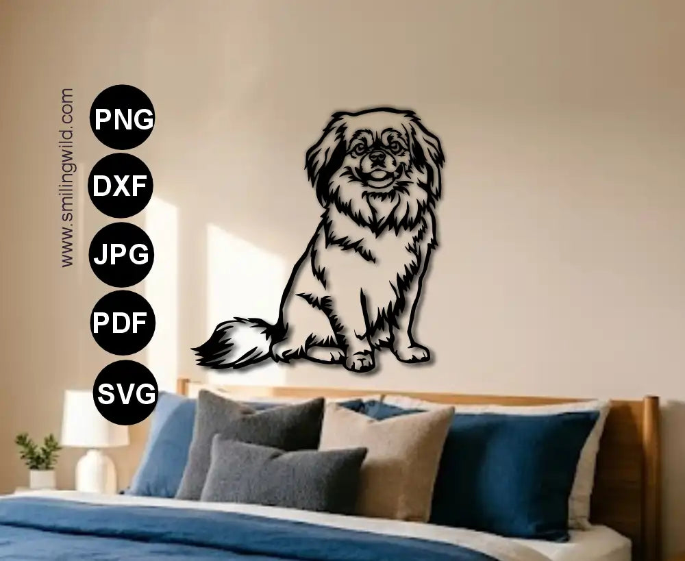 A visualisation of a Sitting full body Tibetan Spaniel dxf vector cutting and clipart file as a metal art and wooden signs
