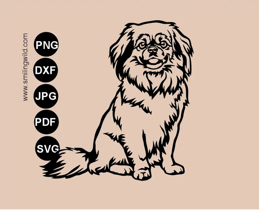 A vector graphic full body drawing of a Tibetan spaniel dog breed SVG cut file. This illustraition shows a smiling, sitting dog.