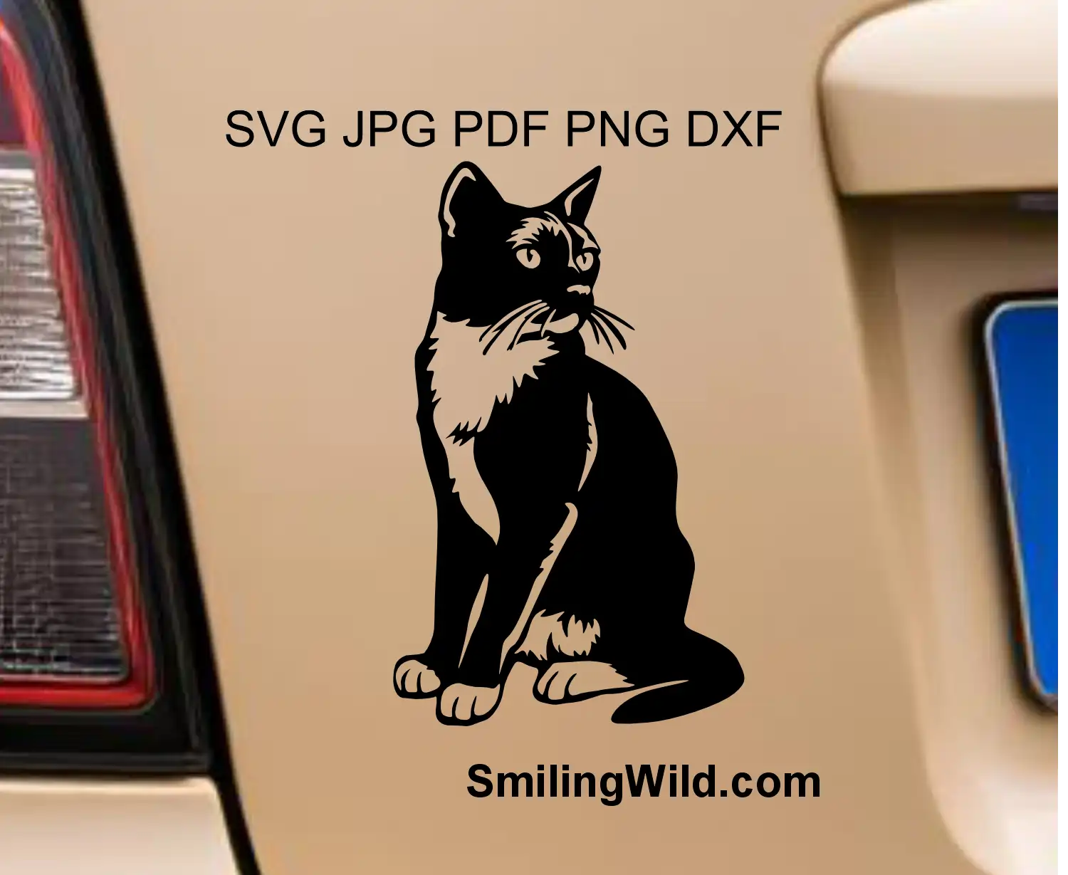 A full body sitting tuxedo cat SVG and PNG cutting file presentation as a car sticker