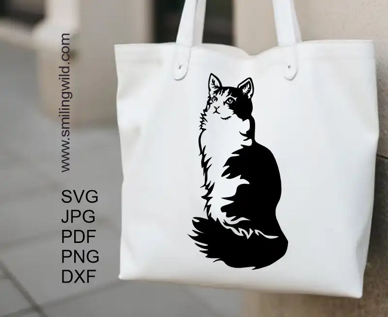 Sitting tuxedo full body cat cuttable graphic, SVG, PNG, DXF vector file for Cricut projects, laser cutting, and engraving