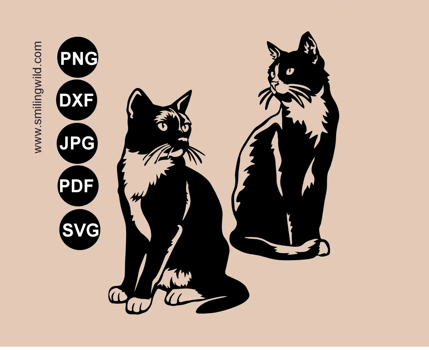 Two facing tuxedo cat svg vector cutting files sitting full body black and white cat clipart bundle 