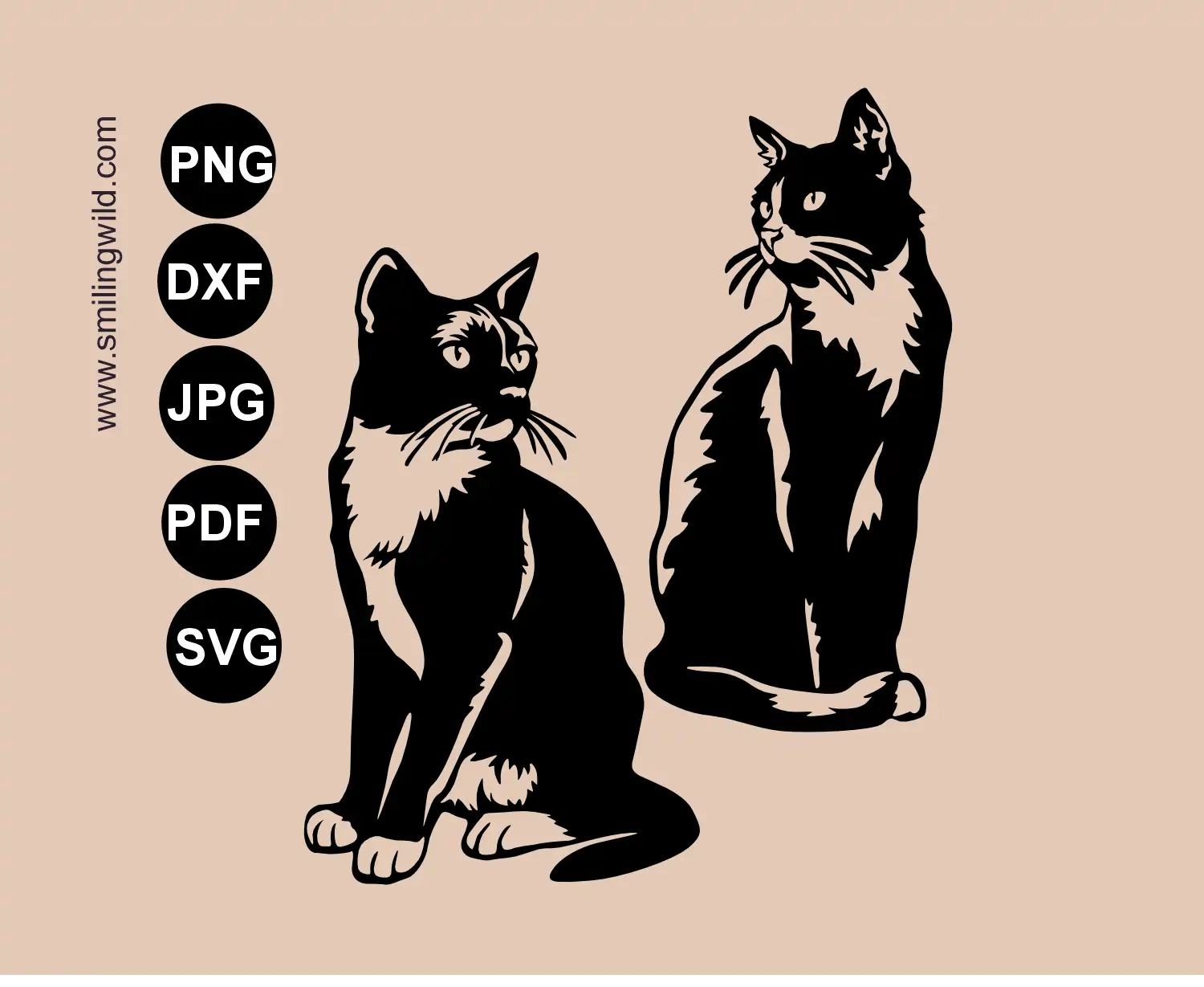 Two facing tuxedo cat svg vector cutting files sitting full body black and white cat clipart bundle 