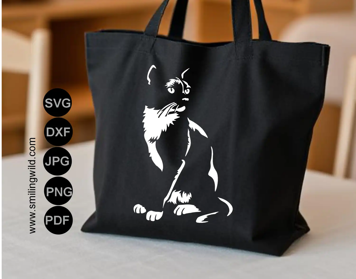 Vector graphic clipart file of a standing tuxedo cat rendered with clean white paths over a transparent PNG background layout. Presented as a white aplique ona tote bag