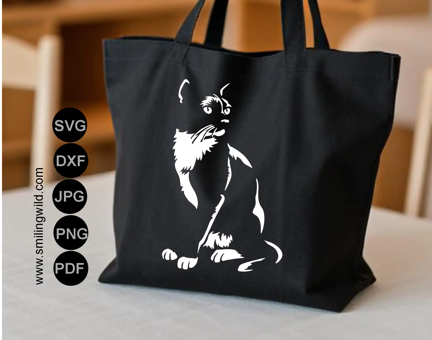 Vector graphic clipart file of a standing tuxedo cat rendered with clean white paths over a transparent PNG background layout. Presented as a white aplique ona tote bag