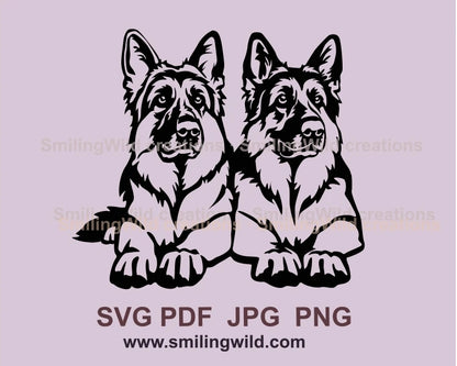 Two german shepherd lying side by side in black graphic design