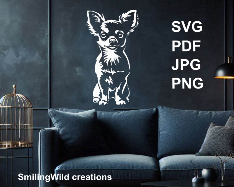 a unique pet portrait of chihuahua dog svg and png illustrations used as wall art applique