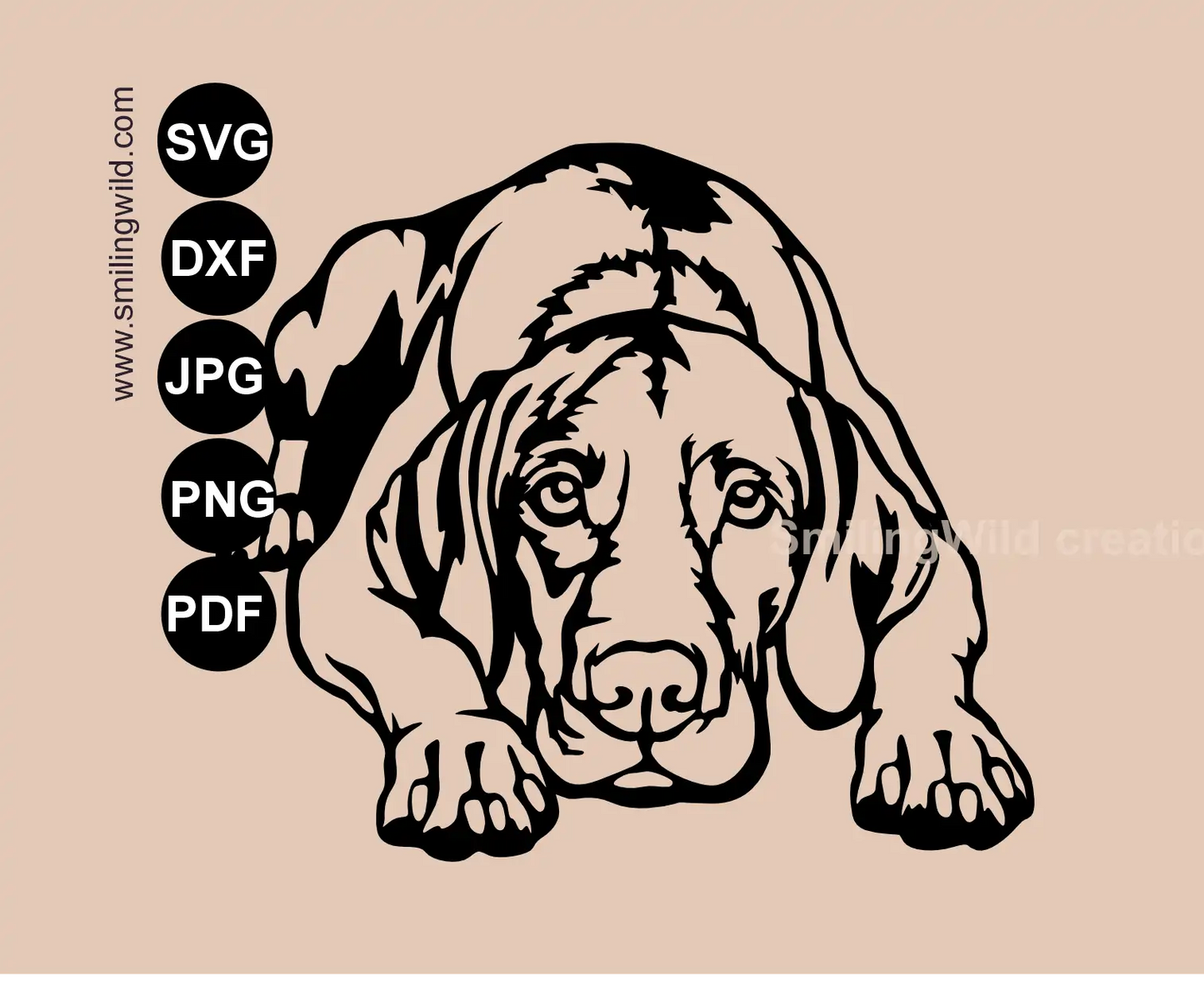 Vizsla SVG Clipart of a lying dog, optimized as a single-piece cut file for metal art.