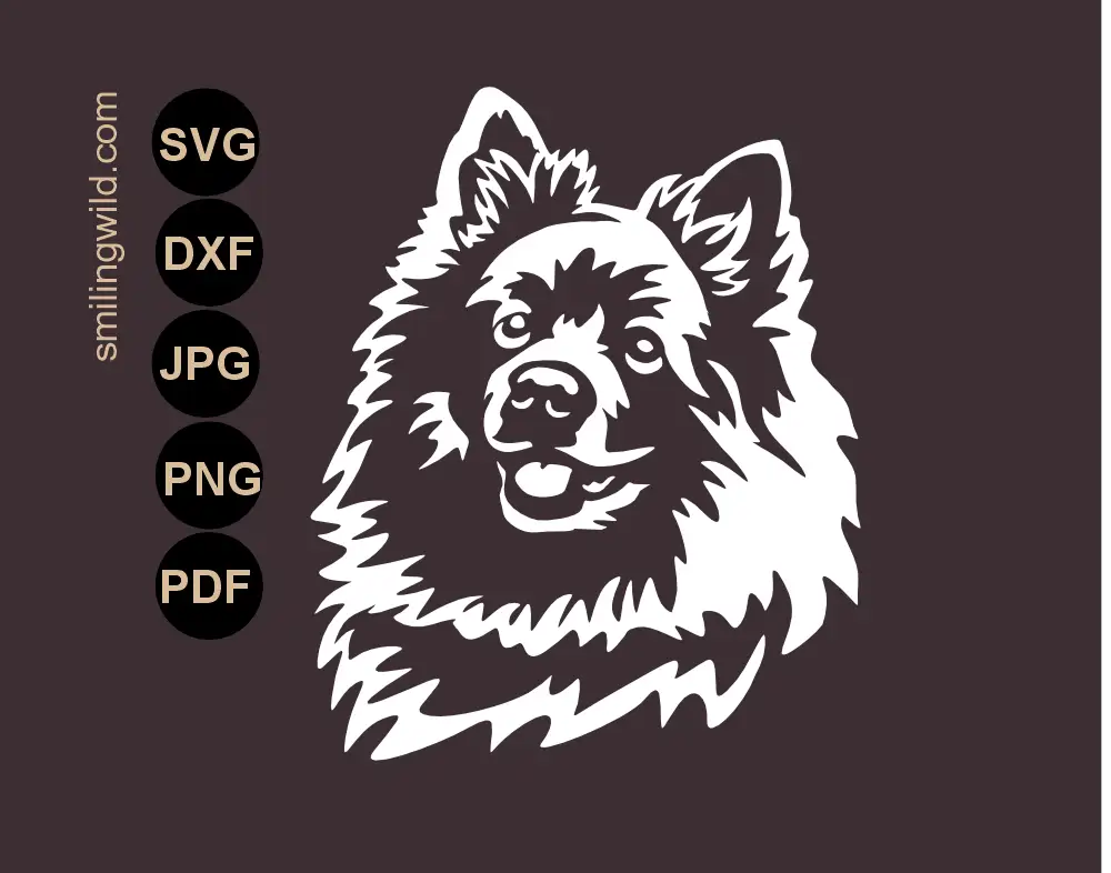 Volpino italiano svg white vector cut file for dark surfaces previewed as a bright contrast design on a dark background.