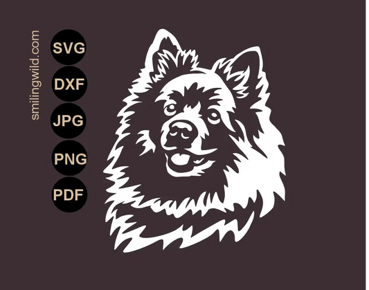 Volpino italiano svg white vector cut file for dark surfaces previewed as a bright contrast design on a dark background.
