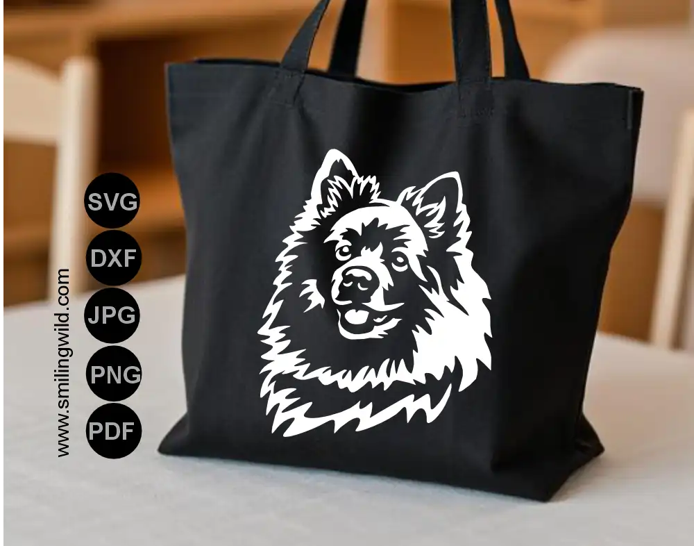 Illustration of a Volpino Italiano head rendered as a white Cricut and Laser cutting graphic with a transparent PNG background and shown on a tote bag as preview image