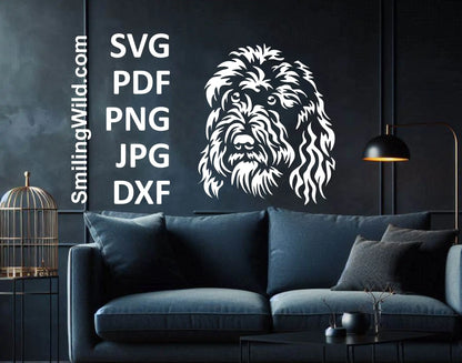 Black and white Barbet hunting dog portrait SVG, a high-quality cuttable graphic for laser cutting, stickers, and home decor