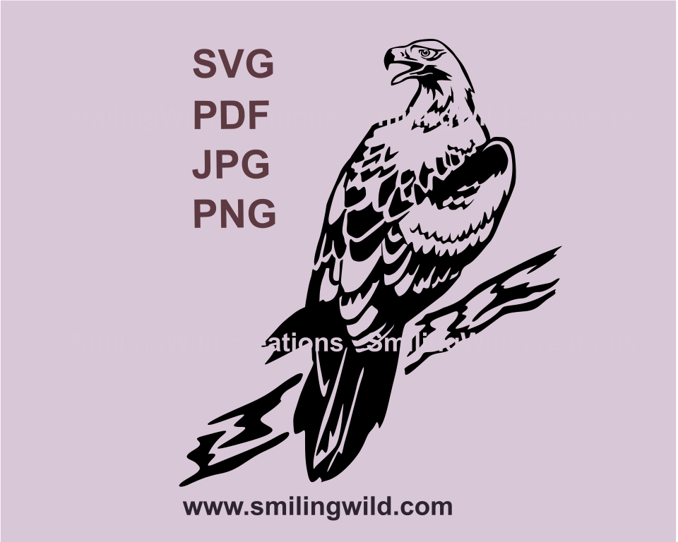 wedge tailed eagle sitting on a branch is drawn as a black, transparent, graphic image