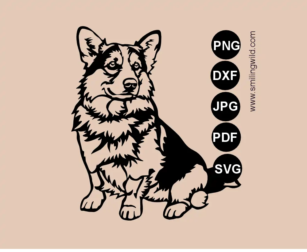 Welsh corgi cardigan svg cut file dog vector clipart visualization of a full body sitting and smiling dog