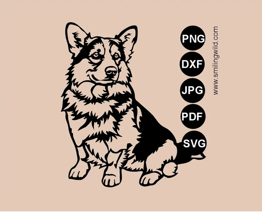 Welsh corgi cardigan svg cut file dog vector clipart visualization of a full body sitting and smiling dog