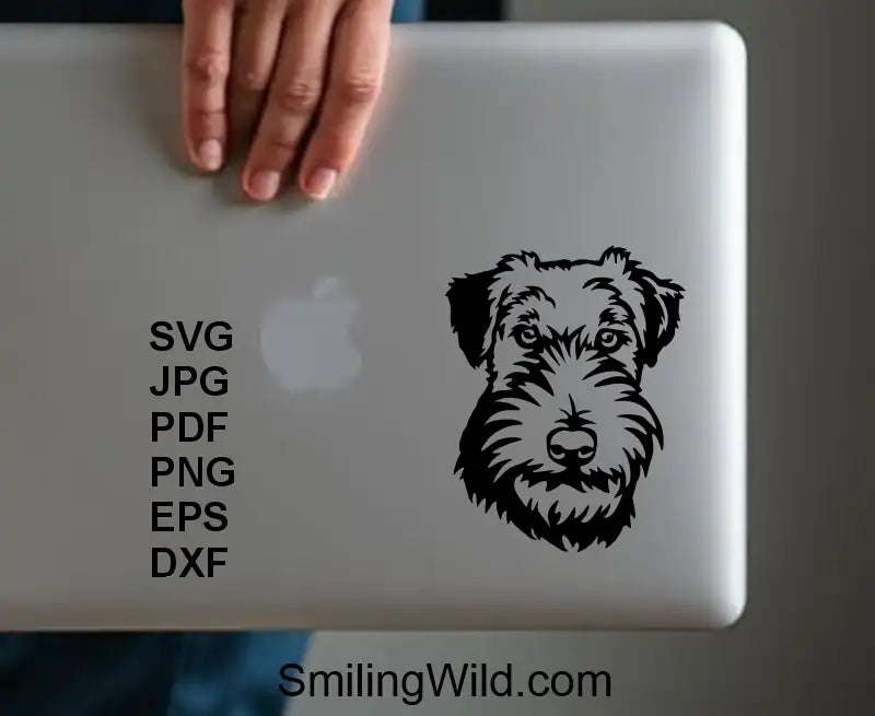 a laptop cover design showing a PNG downloadable image of Welsh Terrier black dog portrait in vector style