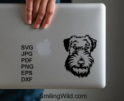 a laptop cover design showing a PNG downloadable image of Welsh Terrier black dog portrait in vector style