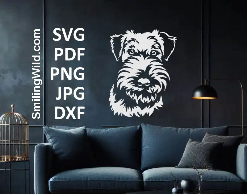Realistic Welsh Terrier face dxf and svg clipart in white for pet logo design and engraving crafts.