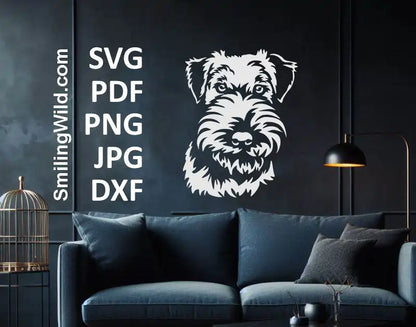 Realistic Welsh Terrier face dxf and svg clipart in white for pet logo design and engraving crafts.
