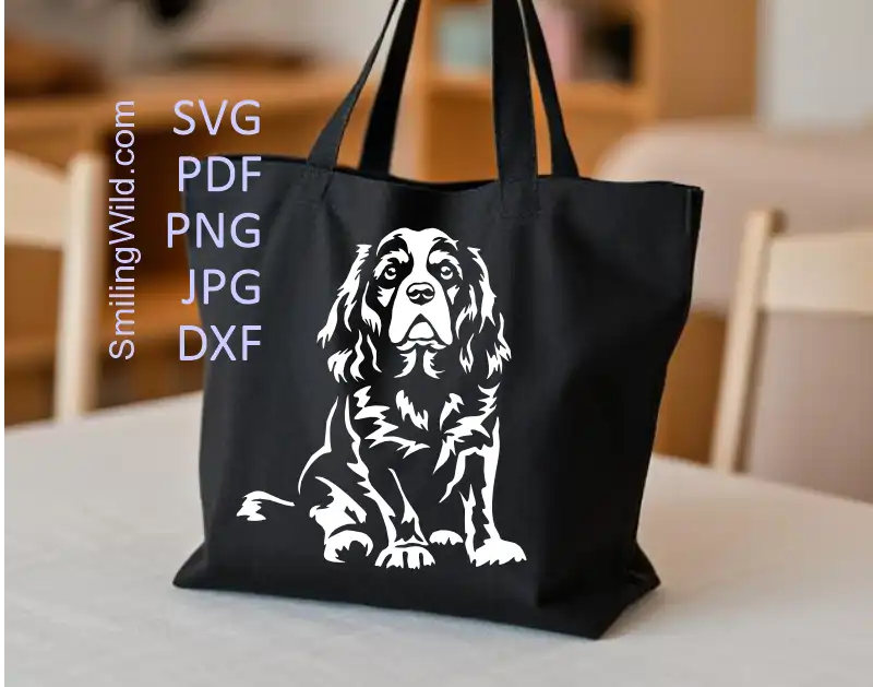 A tote bag with a decal of White Cavalier King Charles dog cut file vector graphic for Cricut Glowforge engraving projects