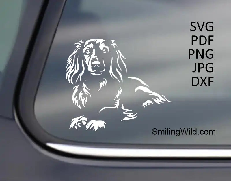 Mockup demonstrating the white Dachshund PNG and DXF file's high visibility on dark surface. Essential cut file for black t-shirts, vinyl decals and glass etching.