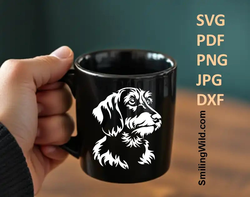 White Dackel face vector clipart for pet logo design, decals, and DIY crafts printed on a balck coffy mug