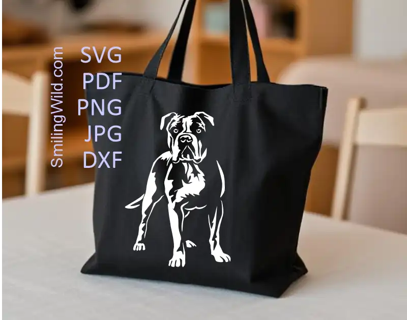 a balck fabric bag with White dog clipart of American Bulldog in  vector file for laser cutting and Cricut projects