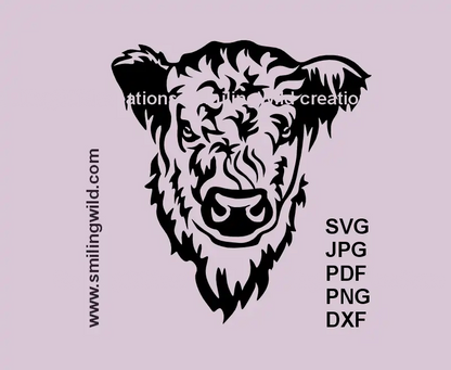 White Galloway Cow SVG, DXF, PNG black clipart, frontal head lifelike preview for Cricut, laser cutting, ranch livestock crafts