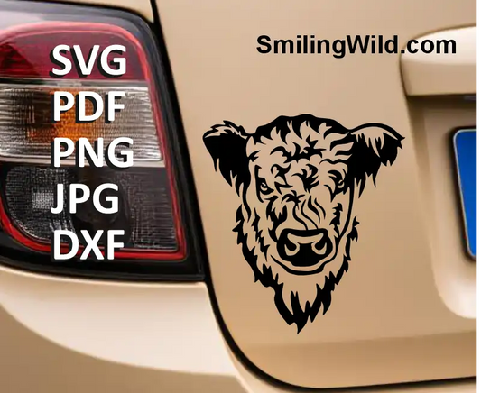 White Galloway Cow SVG, DXF, PNG black clipart, frontal head on a mockup for car window decal, Cricut, pastoral herd decor