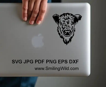White Galloway Cow SVG, DXF, PNG black vector rgaphic clipart, frontal head on mockup for laptop sticker, Cricut, laser cutting, ranch livestock crafts