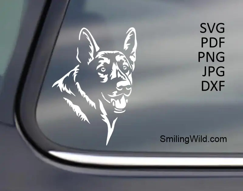Smiling German Shepherd Head vector graphic design of black and white dog collection applied to a black surface, demonstrating the high-contrast visibility for dark material applications.