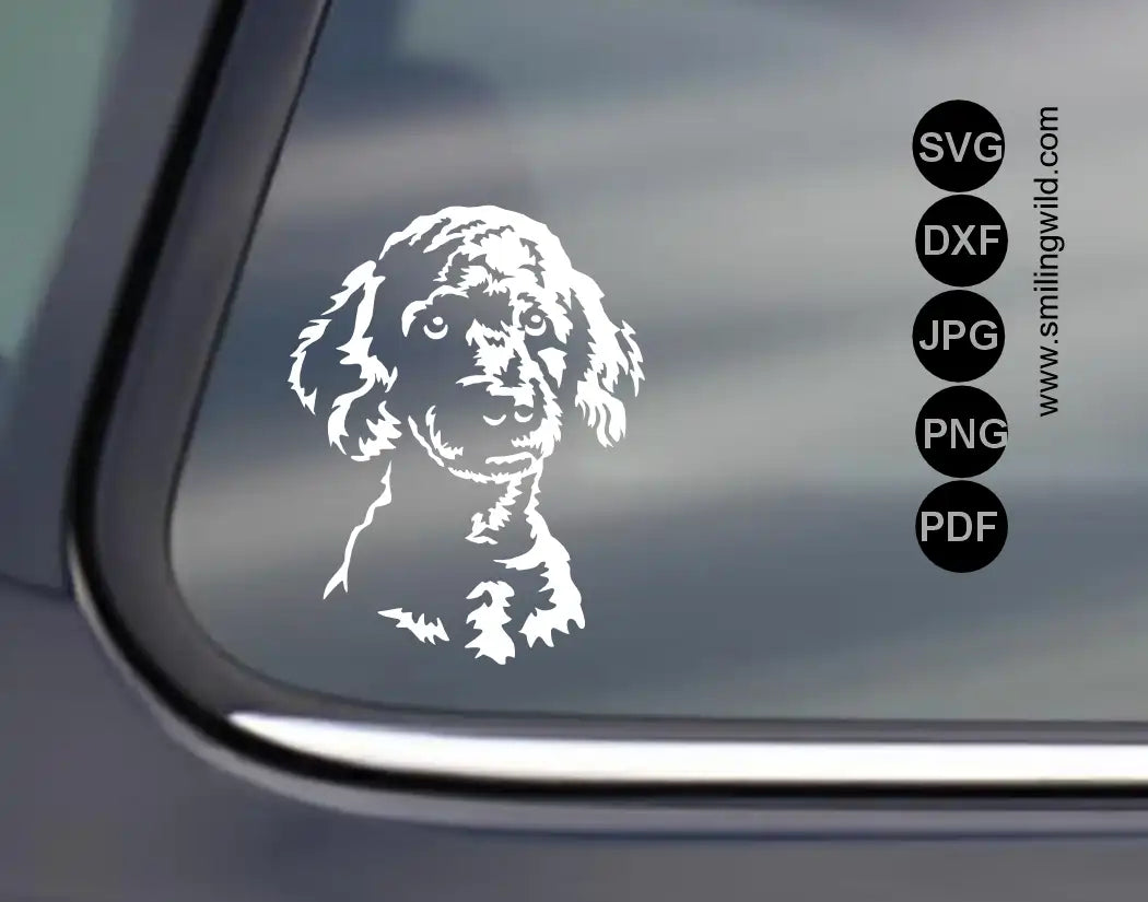 High-contrast white vector Poodle head paths in png and DXF format optimized for vinyl plotter weeding and presented as car decal visualisation