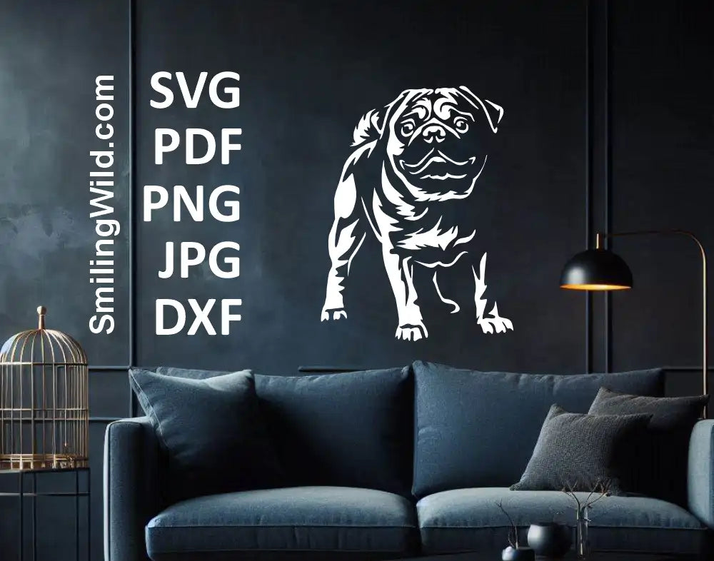 Realistic cute white Pug dog portrait SVG & DXF – ideal for Cricut projects, laser cutting, and unique pet-themed DIY crafts